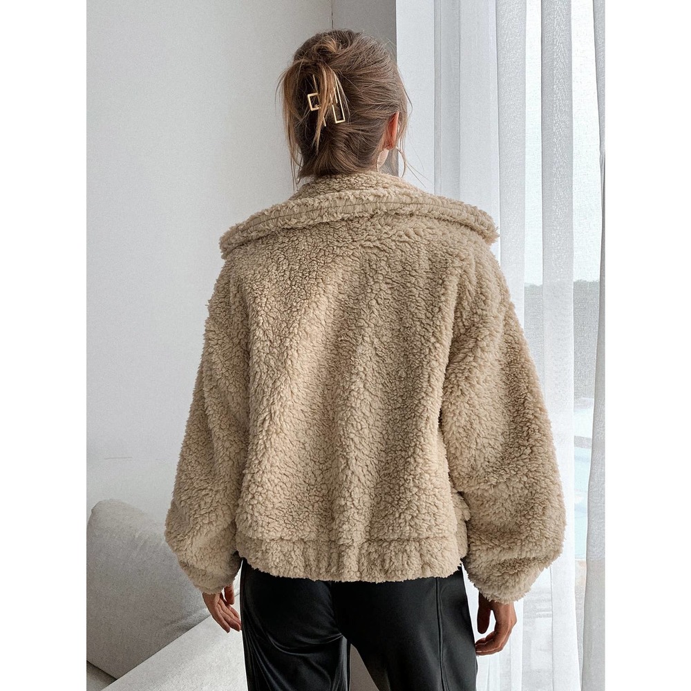 Zip Up Drop Shoulder Fleece faux fur fuzzy teddy Jacket tan camel - Picture 2 of 9
